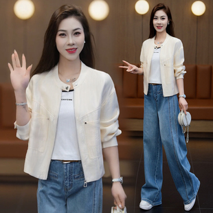 小立领休闲素丝轻薄夹克上衣压褶收口衣摆短外套2026女春季新款