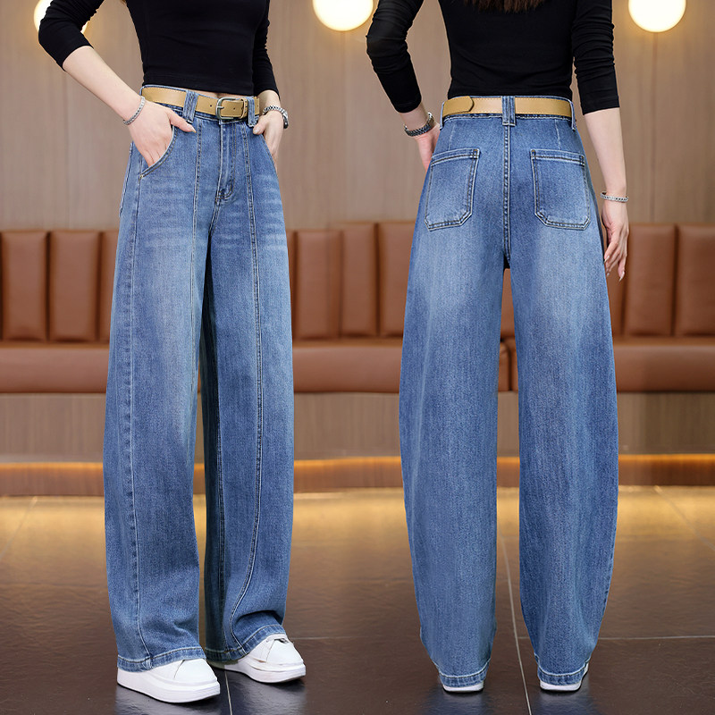 春季女潮流复古蓝牛仔弯刀裤宽松高腰阔腿长裤2026新款时尚直筒裤