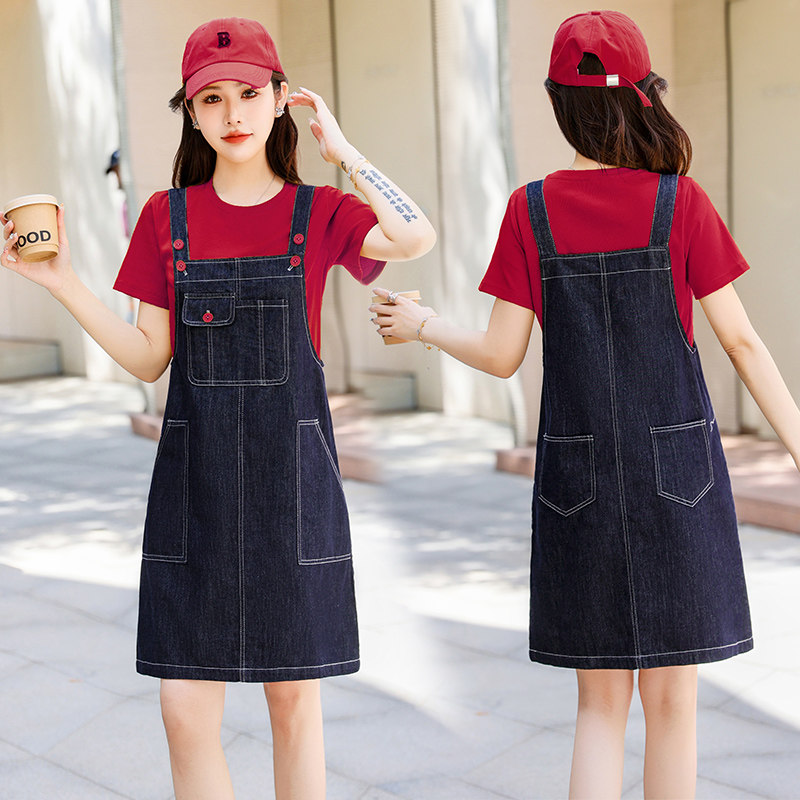 撞色休闲牛仔背带裙套装圆领短袖T恤多口袋中裙两件套女夏季新款