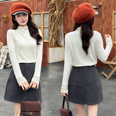 保暖小立领德绒长袖打底衫蕾丝袖