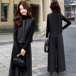 2025女秋冬新款 套装 两件套 夹棉圆领呢子马甲九分阔腿裤 气质时尚