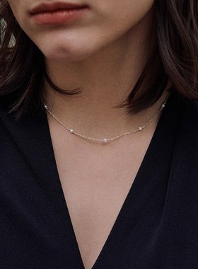 OPs极光小灯泡天然淡水珍珠满天星美国进口14K包金纯银项链锁骨链