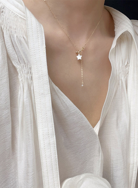 OPs天然母贝小星星精致可爱许愿星美国进口14K包金锁骨链Y字项链