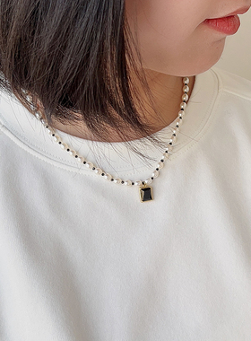 OPs黑尖晶石天然淡水珍珠项链