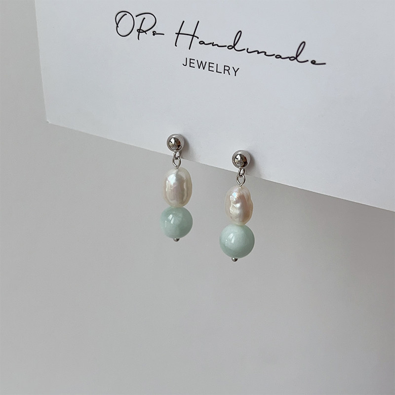OPs原创淡雅薄荷曼波绿天然石巴洛克淡水珍珠纯银耳环/蚊香盘耳夹