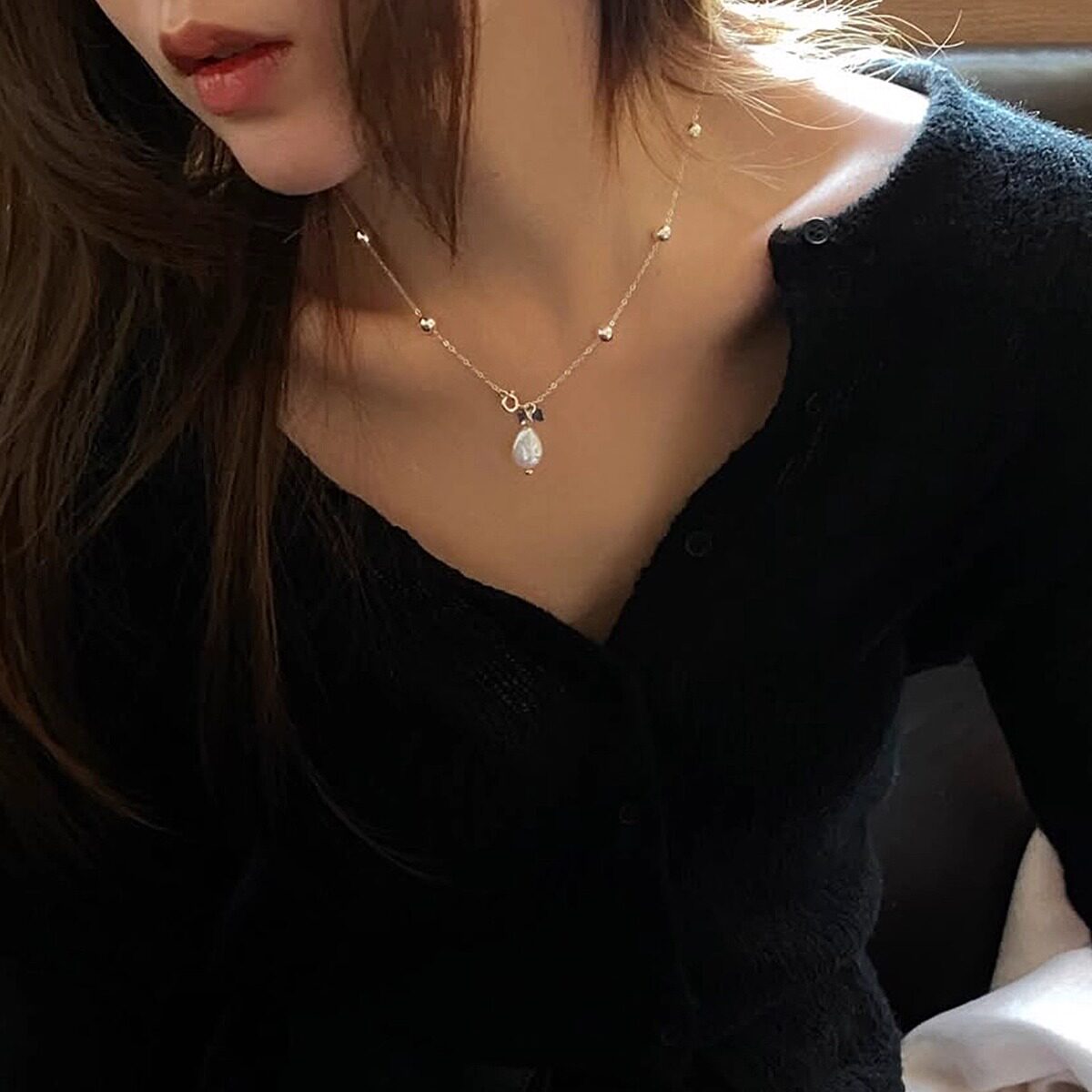 OPs韩国小众设计浪漫银珠满天星巴洛克水滴珍珠纯银项链锁骨链