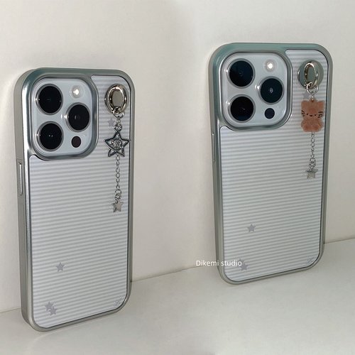 韩国ins小众Y2K冷淡风灰白横纹五角星电镀银边手机壳适用iphone17promax苹果16promax/13/14/15promax保护套 - 封面