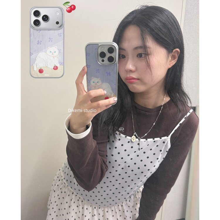 韩国ins小众欧尼同款可爱治愈小猫插画电镀手机壳适用iphone16promax苹果17promax1/3/12/14/15pro手机保护套