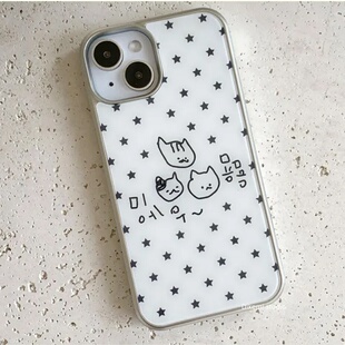 14全包15pro手机保护套 韩国ins小众Y2K涂鸦星星猫咪电镀手机壳适用iphone16promax苹果17promax