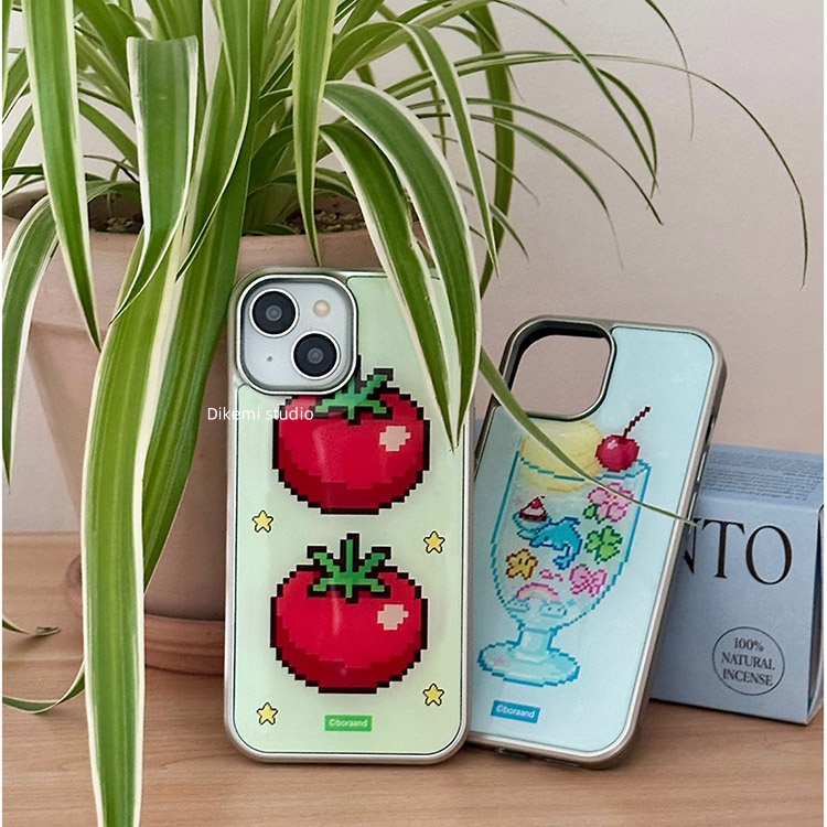 韩国ins小众个性设计像素番茄冰淇淋苏打水电镀银边壳适用iphone16promax/15promax苹果17/13/14手机保护套