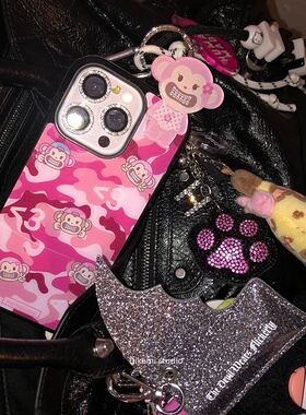 韩国ins小众欧尼同款粉紫豹纹钢牙小猴黑边手机壳适用iphone17promax苹果16promax/15/14/13手机保护套个性