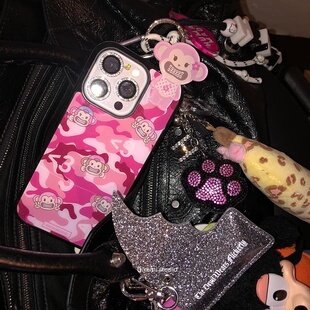 韩国ins小众欧尼同款粉紫豹纹钢牙小猴黑边手机壳适用iphone17promax苹果16promax/15/14/13手机保护套个性