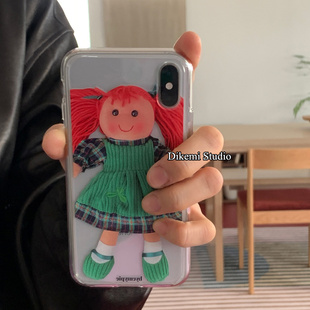 韩国ins少女心可爱红发玩偶娃娃硅胶软壳适用iphone16promax/15pro苹果15/13/12全包14pro透明手机保护套