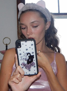 ins小众博主同款甜酷黑白猫咪玫瑰花黑边软壳适用iphone16promax/15pro苹果17/14全包13个性xsmax手机保护套