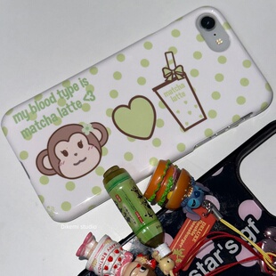 韩国ins小众可爱波点小猴爱抹茶拿铁菲林壳适用iphone17promax/16pro苹果17/15/14/13学生高颜值手机保护套