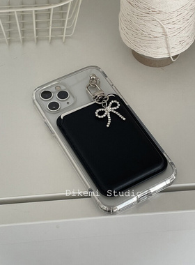 韩风ins小众简约高级感闪钻蝴蝶结挂件17磁吸手机壳皮质卡包适用于iPhone15pro/16promax苹果13/14手机保护套