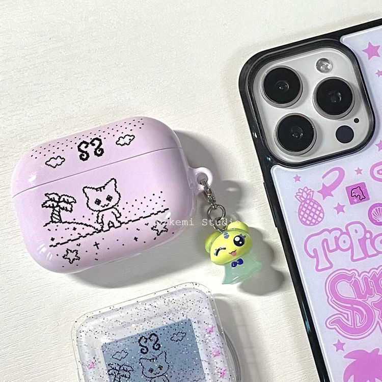 韩国ins小众少女心可爱卡通椰树猫咪菲林耳机套适用airpods4/3无线蓝牙耳机套苹果airpods pro2/3硬保护壳