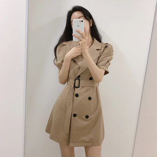 收腰显瘦气质腰带裙子女夏 小香风泡泡袖 双排扣西装 连衣裙2020新款