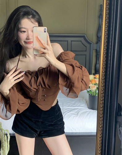 一字肩挂脖长袖雪纺衬衫女