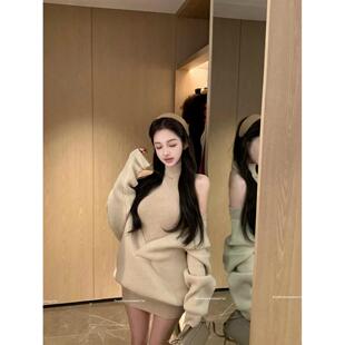 慵懒风v领针织毛衣女秋季叠穿套装露肩高领连衣裙包臀短裙两件套