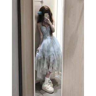法式甜美不规则吊带连衣裙女夏日绝美在逃公主收腰网纱蓬蓬长裙子