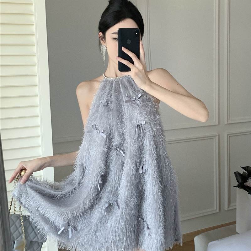 气质名媛风挂脖中长款宽松法式裙