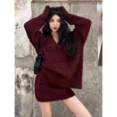 连衣裙子2025新款 秋冬季 穿搭红色超火毛衣包臀短裙搭配一整套装 女