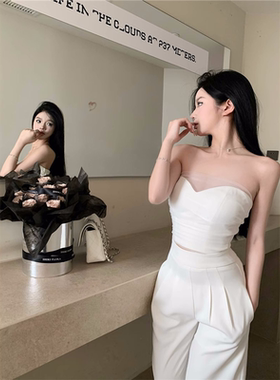 甜辣妹抹胸背心上衣女装夏季套装设计感高腰西装长裤休闲裤两件套