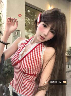 纯欲风蕾丝边挂脖背心女夏季性感V领显瘦红色格子打底衫短款上衣