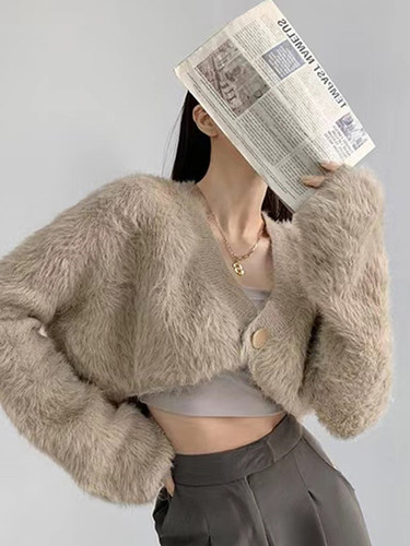 小香风仿水貂绒开衫毛衣女秋