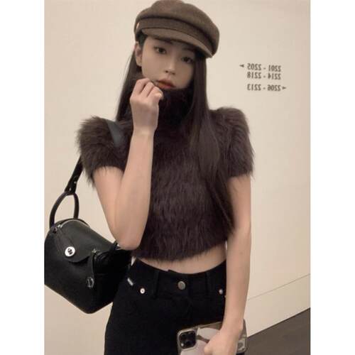 高领水貂绒短袖毛衣女秋冬季新款