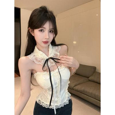 小香风蕾丝缎面挂脖吊带背心女夏季纯欲辣妹鱼骨抹胸上衣泰式绝美