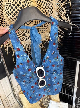 美式复古蓝色碎花V领挂脖美背吊带女夏外穿辣妹修身无袖背心上衣