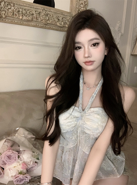 纯欲碎花挂脖吊带小背心女夏季甜辣妹外穿短款荷叶边蓝色露背上衣