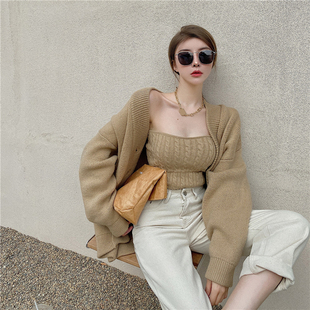 毛衣针织开衫2023早秋季新款外套气质长袖性感裹胸背心两件套装女