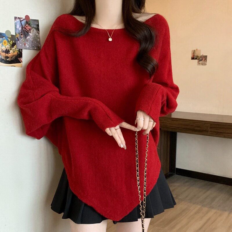 大码红色一字领套头毛衣女秋冬胖mm宽松遮肚显瘦洋气不规则针织衫