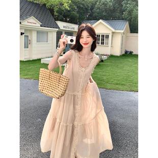 裸粉色甜美减龄衬衫背心长裙夏季新款超仙浪漫度假风温柔连衣裙女