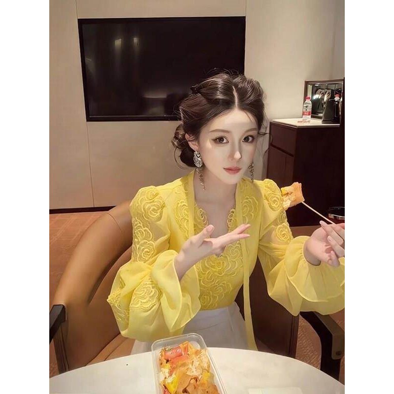 黄色雪纺衬衫女高级感轻奢图片
