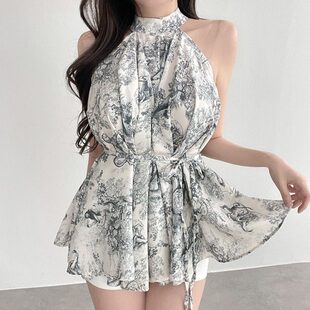 连衣裙女春夏季纯欲风显瘦INS韩系法式复古水墨印花挂脖无袖裙子