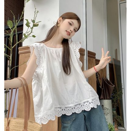 法式设计感蕾丝拼接镂空花边无袖衬衫女夏季新款小众圆领宽松上衣