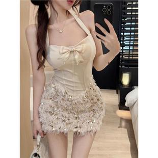 蝴蝶结名媛挂脖连衣裙女夏装 亮片拼接显瘦包臀裙收腰又甜又辣裙子