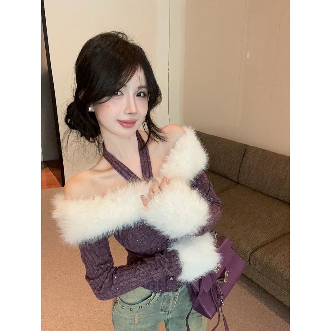 纯欲一字肩挂脖露上衣女秋