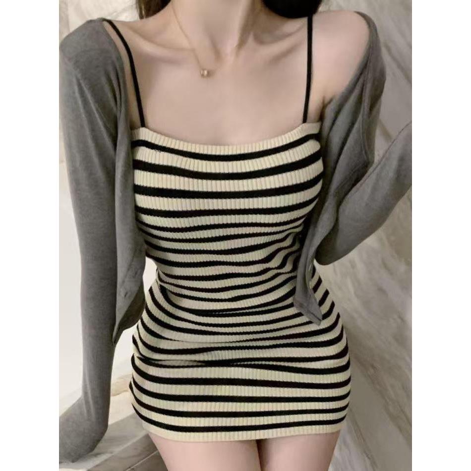 辣妹条纹吊带连衣裙女夏季新款灰色针织开衫修身显瘦包臀短裙套装