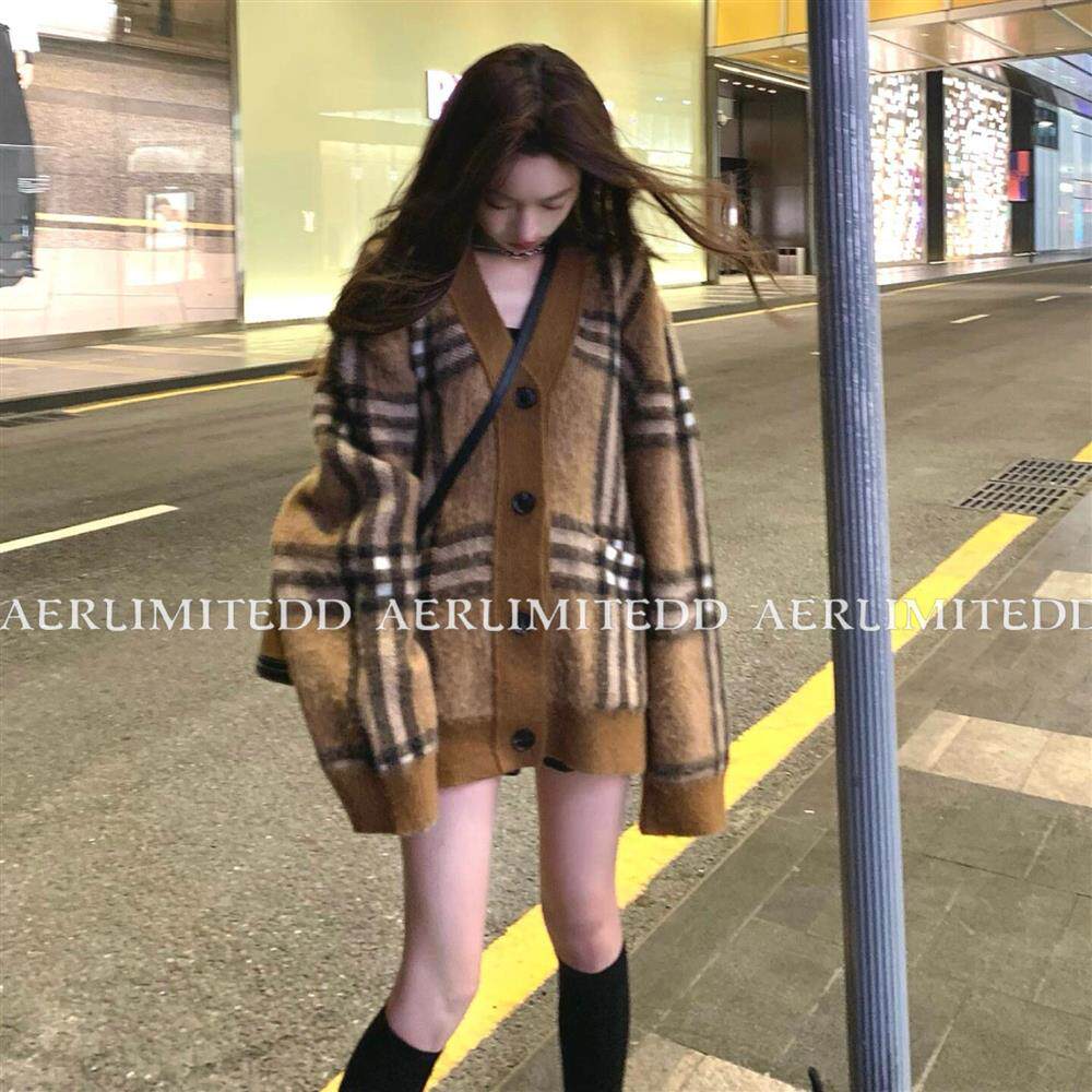 韩版高定~老钱风复古V领格子毛衣外套女慵懒风马海毛针织开衫上衣