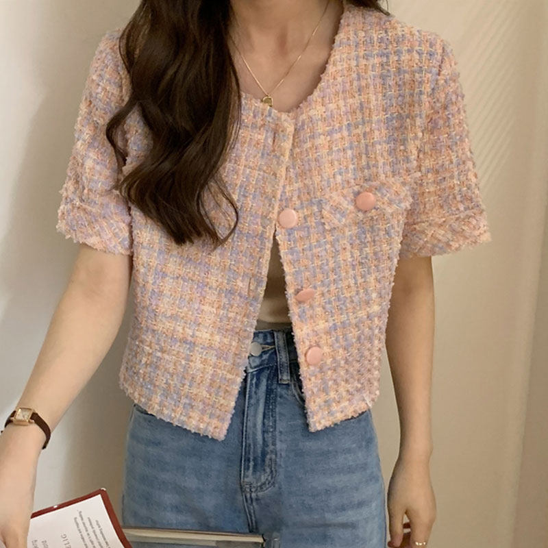 韩国chic夏季复古圆领毛边别致单排扣口袋装饰格纹粗花呢短外套女,女装/女士精品,短外套,淘宝优惠券,粉丝福利购,淘宝优惠卷