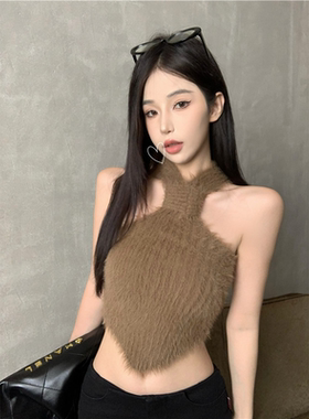 仿貂绒毛衣背心女秋季纯欲甜辣妹性感挂脖抹胸吊带打底衫上衣外穿