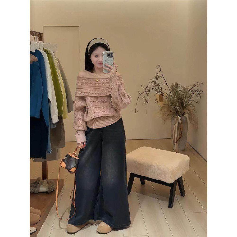 温柔风套装一字肩针织毛衣女冬季高腰显瘦牛仔裤阔腿裤时尚两件套,女装/女士精品,时尚套装,淘宝优惠券,粉丝福利购,淘宝优惠卷