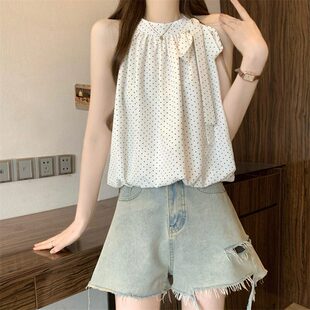 韩系减龄波点挂脖系带雪纺衫女夏设计感无袖背心衬衫蓬蓬花苞上衣