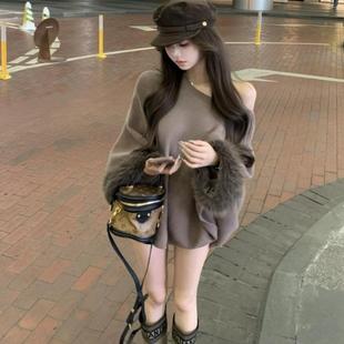 性感斜领露肩长袖针织衫女秋季毛毛拼接宽松套头毛衣慵懒百搭上衣