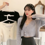日系V领开衫 外穿毛绒外套 短款 仿水貂毛衣女春秋冬新款 宽松针织衫